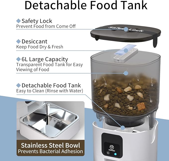 Smart Automatic Cat Feeders: WiFi Pet Feeder with APP Control for Remote Feeding, Detachable for Easy Clean, Automatic Cat Food Dispenser with Alexa,1-30 Meals Per Day for Dog (6L/25Cup)