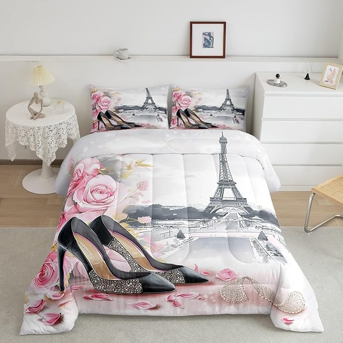 High-Heeled Shoes Princess Kids Comforter Set Queen Size,Roses Flowers Paris Eiffel Tower Bedding Set,Women Girls Room Decor,Glitter Diamond Romantic Down Comforter,Pink Duvet Insert,2 Pillowcases