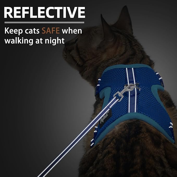 PUPTECK Cat Harness and Leash Set Escape Proof, Reflective Adjustable Soft Mesh Kitten Vest Harness for Walking Travel, Navy Blue, M