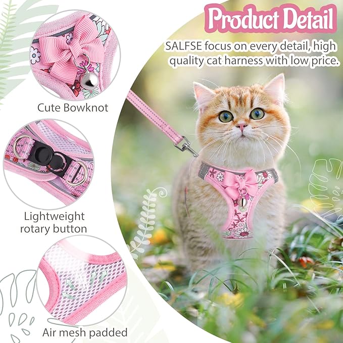Cat Harness and Leash Escape Proof for Walking, Adjustable Soft Kitten Harness with Reflective Straps Step in Cat Vest Harness for Small Kitten and XS Dogs (Pink, S-Chest(11.8"-13.7"))