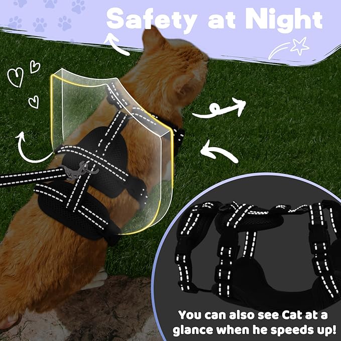 Fully Escape Proof Cat Harness and Leash Set for Walking, Adjustable Soft Kitten Vest with Reflective Strip for Small Medium Large Adult Cats, Breathable Kitty Harness,Black S
