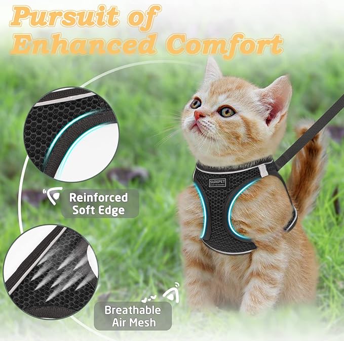 Cat Harness and Leash for Walking Escape Proof, Adjustable Kitten Vest Harness Reflective Soft Mesh Puppy Harness for Outdoor, Comfort Fit, Easy to Control (Black, M)