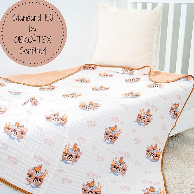 LollyBanks Muslin Baby Blanket 100% Cotton, Muslin Quilt Lightweight, 6 Layers Baby Blankets 47"x 47", Toddler Blanket for Boy and Girl, Nursery Receiving Blankets Baby Essentials (Noah's Ark Pattern)