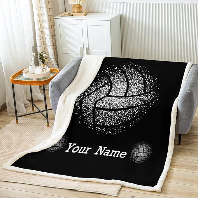 Erosebridal Kids Volleyball Sherpa Blanket Personalized Throw Blanket 90"x90" Black Modern Unisex Kids Sports Blanket