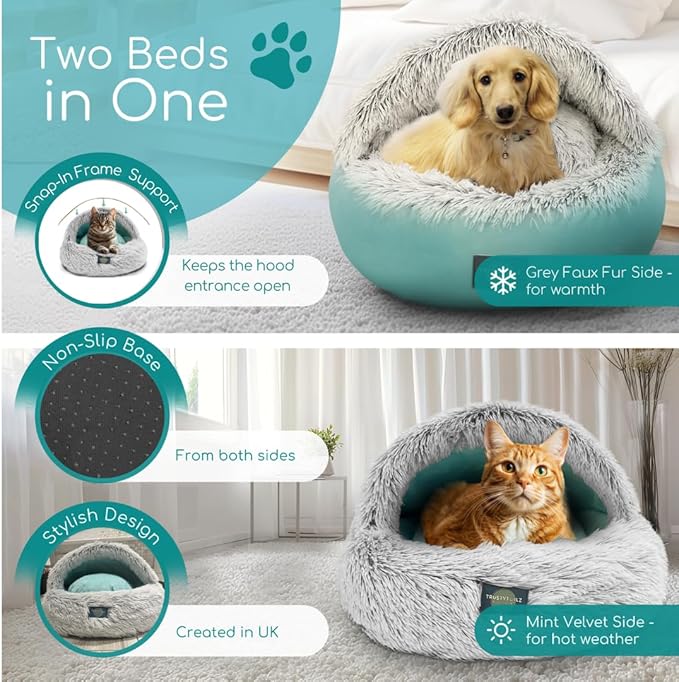 TrustyTailz Cozy Cave Dog Bed and Cat Cave Bed with Hooded Cover, Snap-in Frame, Washable and Removeable, Plush Grey Fluffy Cover Indoor Cats or Small Dog Beds, Non-Slip Base (Small)