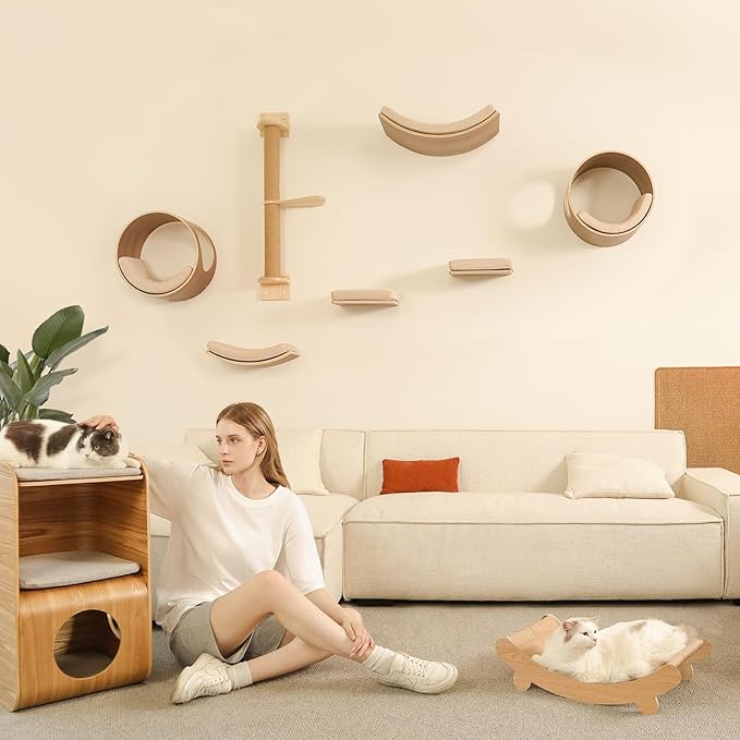 Cat Wall Shelves Curved Floating Cat Shelf Perch Bed with Cushion Wooden Easy to Install Cat Wall Furniture for Climbing Sleeping 16.5"x10.2"(Walnut)