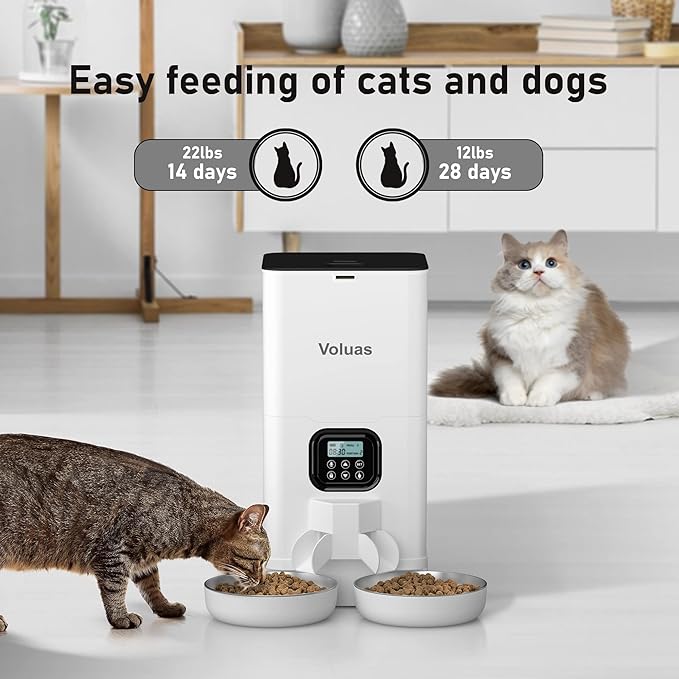 Voluas Automatic Cat Feeder for Two Cats, Double Pet Feeder with 2 Stainless Steel Bowls,6L Timed Cat Feeder with Memory Function, Pet Food Dish