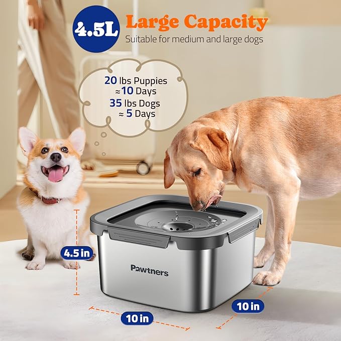 Dog Water Bowl No Spill, 4.5L Stainless Steel Dog Floating Bowl, Slow Water Bowl for Dog with Filter, Non-Slip Base, No Splash Water Bowl for Medium Large Messy Drinkers Grey