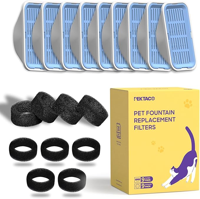 Cat Water Fountain Filters Replacement & Pre-Filter Sponges for 3.2L/108oz Automatic Pet Fountain, Dog Water Dispenser 9 Pack Filters & 9 Pre-Filter Sponges Foam Filters