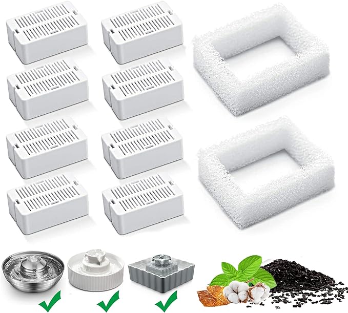 Cat Water Fountain Replacement Filters, 8 Pack Cat Fountain Carbon Filters and 2 Pack Foam Filters for Ceramic Pet Drinking Fountain and Stainless Steel Pet Water Fountain (8+2 Pack)