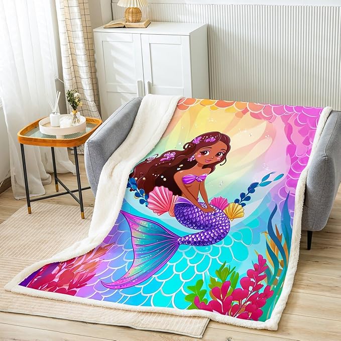 Erosebridal Black Girl Sherpa Blanket - Cute Mermaid & Pretty Princess Throw Blanket, Purple Seashell Fleece, Queen Size, Blue Ombre Fish Scales Plush, Coastal Beach Decor