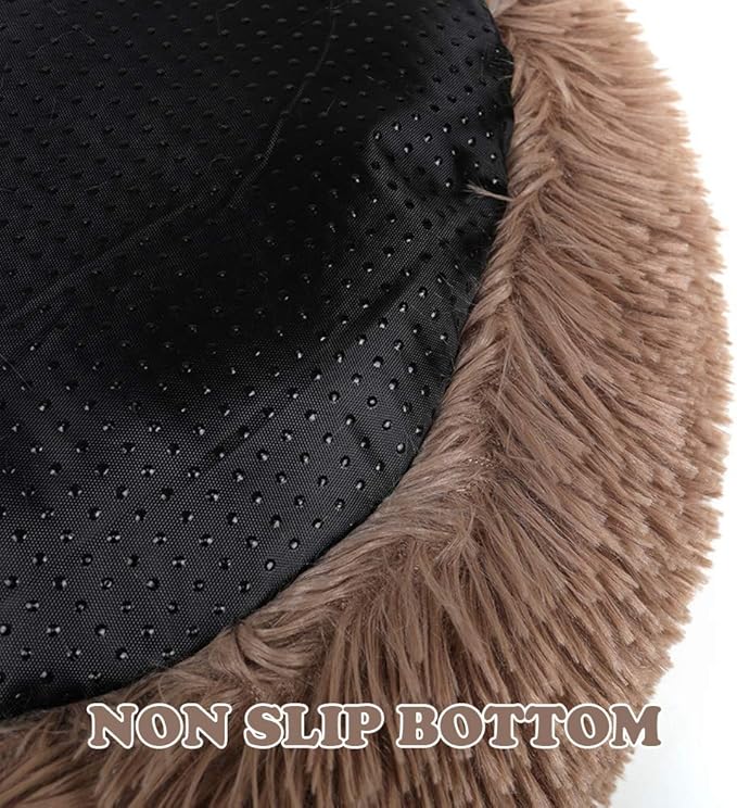 otoez Round Donut Dog Bed for Small Dogs, Washable Calming Dog Bed Cuddler Anti Anxiety Fluffy Dog Cat Bed with Non-Slip Waterproof Bottom (23.6", Khaki)
