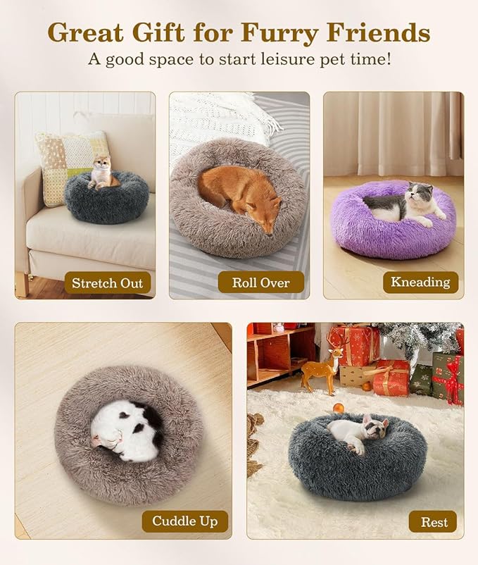 Round Dog Bed for Small Dogs, Donut Cuddler Plush Cat Calming Bed with Machine Washable, Non-Slip Fluffy Dog & Cat Calming Cushion Bed for Joint-Relief and Sleep Improvement, M Size, Khaki