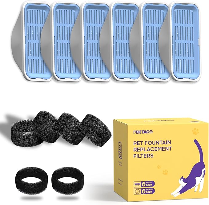 Cat Water Fountain Replacement Filters & Pre-Filter Sponges for 3.2L/108oz Automatic Pet Fountain, Dog Water Dispenser – 6 Pack Filters & 6 Pre-Filter Sponges