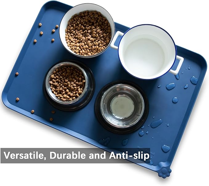 Hoki Found Large Silicone Pet Food Mats Tray - Non Slip Pet Dog Cat Bowl Mats Placemat - Dog Pet Cat Feeding Mat - Waterproof Dog Cat Food Mats -Pet Water Mats for Floors -Indigo Ink