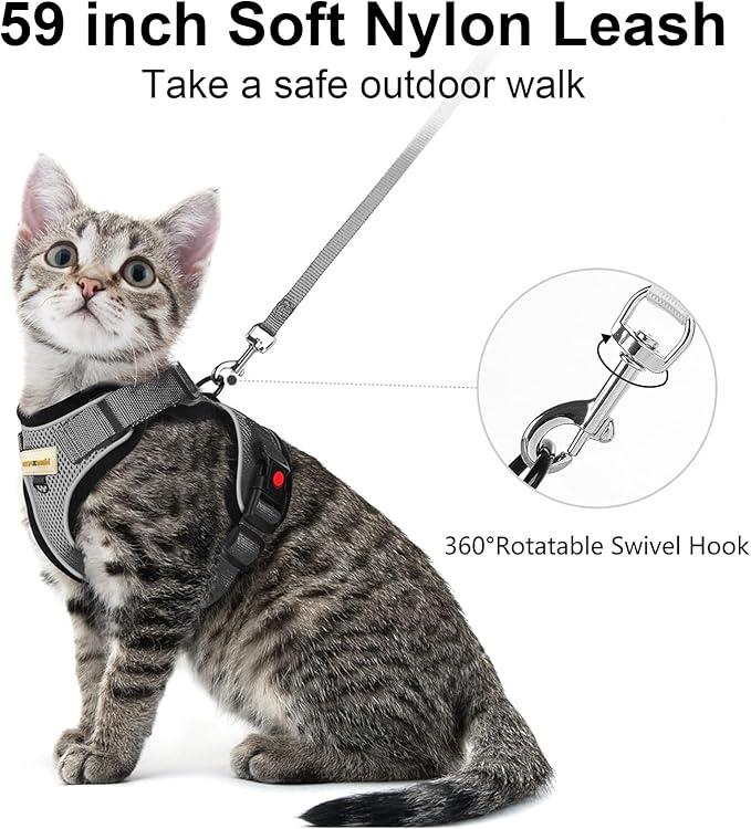 Cat Harness and Leash for Walking, Retractable Cat Harnesses and Leash Set Escape Proof, Breathable Soft Kitten Harness Small Large Cat Harness for Travel Training and Walking, Grey, XS