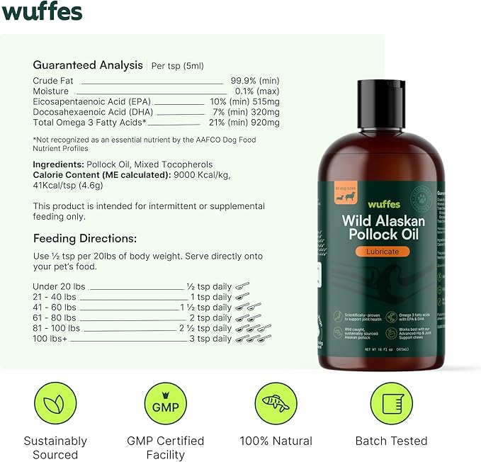 Wuffes Wild Alaskan Pollock Oil for Dogs - Natural EPA & DHA Fatty Acids, Omega 3 for Dogs, Supports Healthy Skin & Coat, Joint Nutrition, and Immune System - 100% Pure Fish Oil (16 Oz, Pollock Oil)