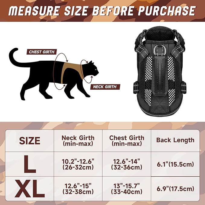 Tactical Cat Harness, Air Mesh Cat Walking Vest Harness Escape Proof, Reflective Extra Large Cat Harnesses with Handle for Adult Fat Cats (Black, XL)