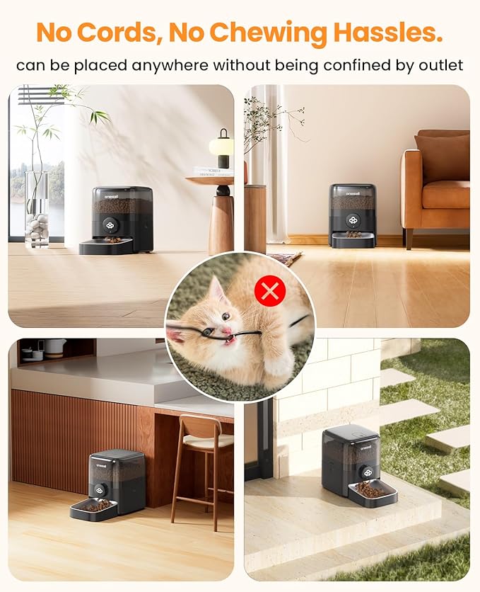 oneisall Automatic Cat Feeder, WiFi Rechargeable Cordless Pet Feeder, 100 Day Battery Operated Pet Feeder, 3L Timed Cat Food Dispenser for Large Kibble, Smart App Control, Black