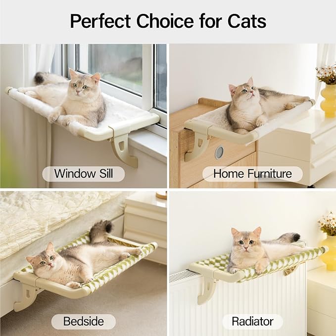 MEWOOFUN Cat Window Sill Perch for Indoor Cats, One-Step Sliding Clamping Slot Adjustment Cat Window Hammock with Removable Covers, Cat Bed for Windowsill & Bedside (Green, Large)
