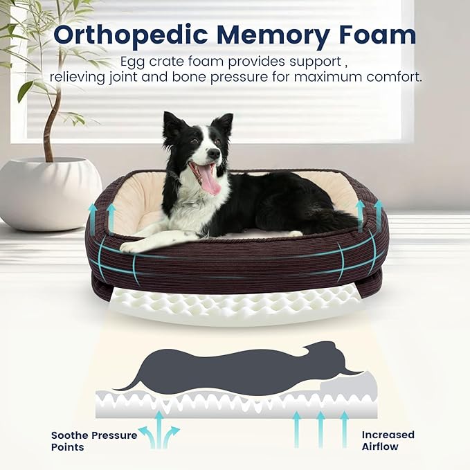 Miguel Orthopedic Dog Bed for Medium Dogs, Memory Foam Pet Bed Washable Removable Cover, Calming Puppy Bed with Sides, Dog Couch Comfort Sofa, Egg Foam Support, Non-Slip Bottom, Brown 30 inches