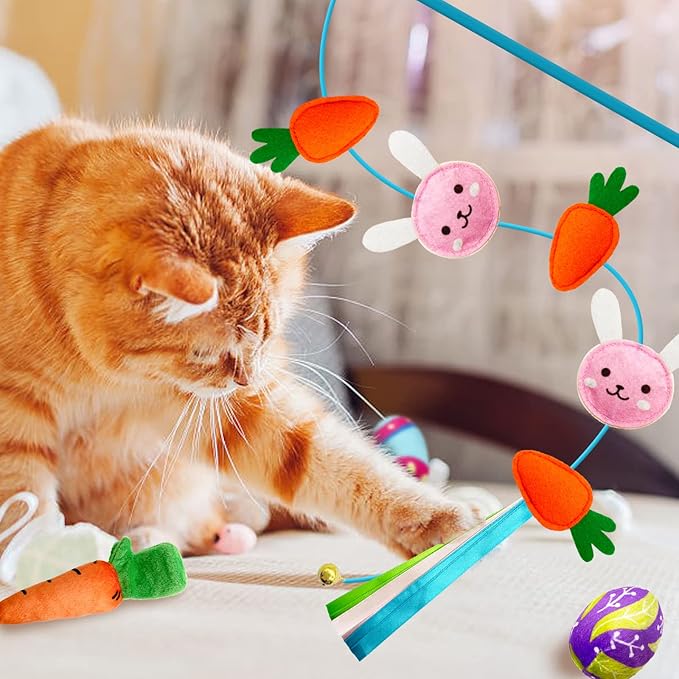 4 Pack Easter Cat Toys, Bunny Cat Wand Toy with Bell, Easter Egg Catnip Toys with Crinkle, Easter Gifts for Indoor Cats & Kitten & Kitty