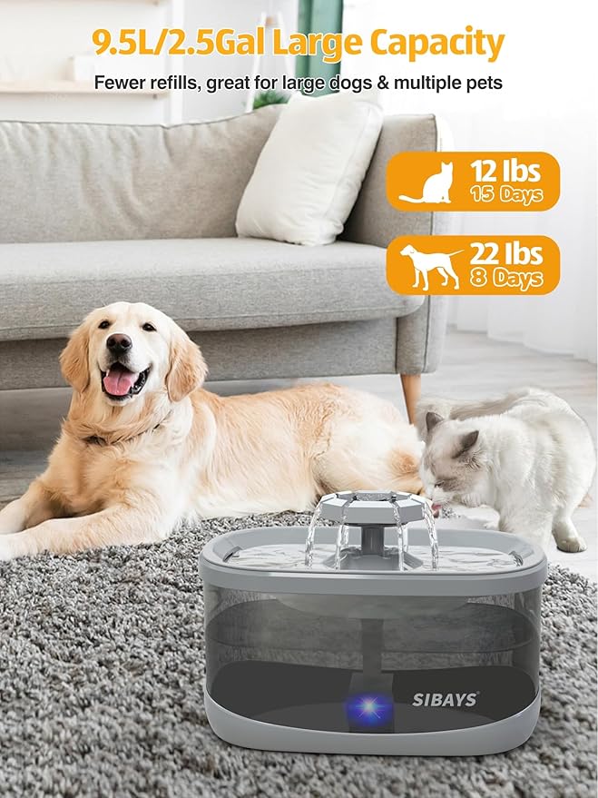 SIBAYS 2.5GAL/9.5L Dog Water Fountain for Large Dogs, 3 Flow Modes Large Pet Water Fountain for Cats, Automatic Dog Water Bowl Dispenser with 7" Large Filter & Smart LED Pump, Quiet, BPA-Free Material