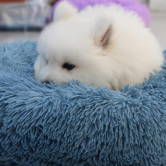 Comfy Calming Dogs Bed for Deep Sleep Small Puppy ,Puppy Bed with Fluffy Donut is for Anxiety Small Dogs,19" Round Soft Faux Fur Pet Bed for Small Dogs Under 15 lbs Machine Washable Blue