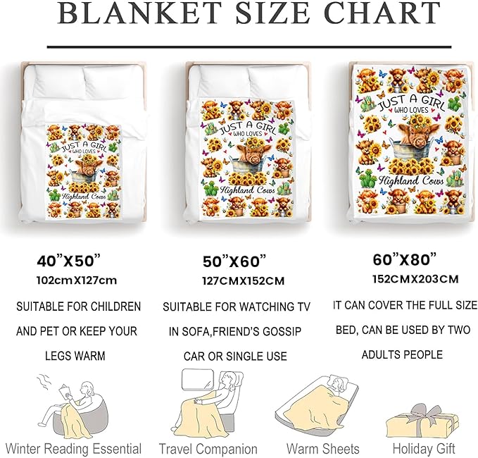 Highland Cow Gifts Sunflower Highland Cow Print Blanket Throw Plush Stuff Cute Animal Butterfly Gifts for Girls Kids Women Adults Highland Cow Lovers Birthday Decorations 80"X60"
