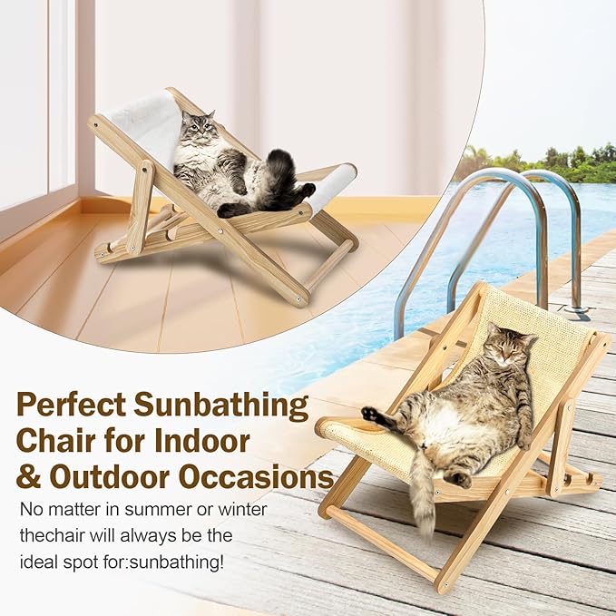 Sisal Cat Chair No Assembly Required, 3-Gear Adjustable Cat Sisal Lounge Chair, Natural Wooden Cat Chair for Indoor Cats with Removable Cat Chair Blanket, Cat Beach Chair for Small Medium pet