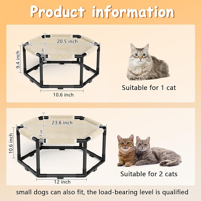 Tresbro Cat Bed, Hexagon Warm Elevated Cat Bed with Thick Teddy Velvet & Anti-Slip Pads, Raised Cat Hammock Bed for Indoor and Outdoor Use, 20.5'' x 18'' x 9.4'' Cat Hammock for Medium to Small Cats