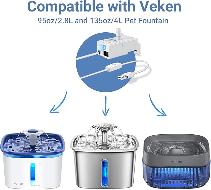 Veken Replacement Pump for 67oz, 95oz and 135oz Pet Fountain Cat Water Fountain Dog Water Fountain Ultra Quiet Long Lifespan Water Pump, USB Cable, LED Lights