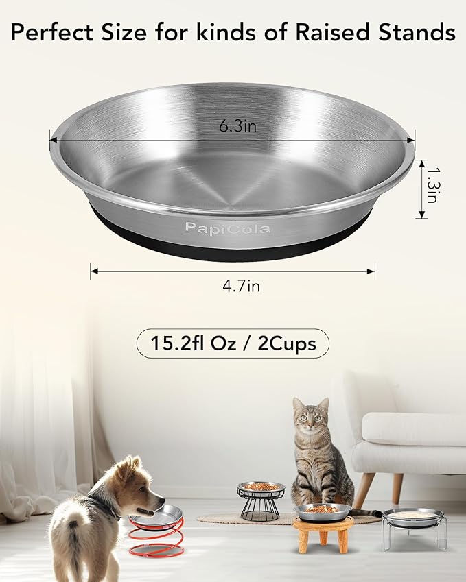 Stainless steel Cat Bowls, Non-Slip Silicone Bottom, Metal Cat Bowls for Food and Water, Whisker Friendly with Wide and Shallow Design, 6.3'' Wide, 0.7mm Thick Steel, Ideal Dog Dish for Cat and Dog