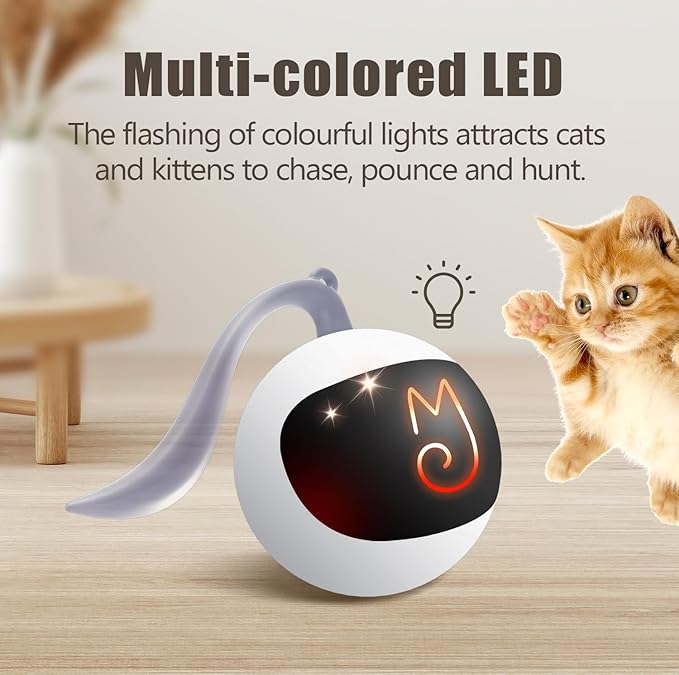 Migipaws Interactive Cat Ball Toy Set, Fun Tracker, Automatic Rolling Chase Ball with Fluffy Tail, A Small Mice, Rechargeable(White)