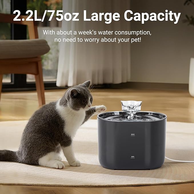 Meill Cat Water Fountain, 75Oz/2.2L Dog Water Bowl Dispenser with Filter Indoor for Small Pets, Automatic Shut-Off for Low Water Level, Water Level Visible, Ultra-Silent, 12 Filters, Black