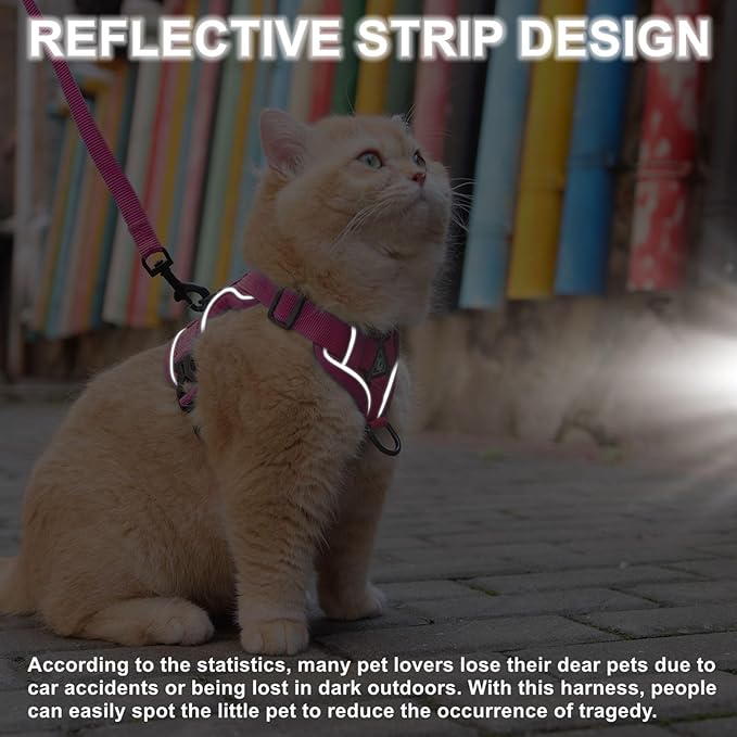Cat Harness and Leash Set, Upgraded Escape Proof Adjustable Kitten Vest with Lead for Small Cat Outdoor Walking, Soft Breathable Mesh Jacket with Reflective Strips for Dark Night (S, Rose Pink)