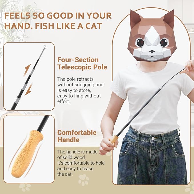 ROSAUI Cat Teaser Wand Toys, Interactive Bird Toys for Indoor Kittens, 47’’ Long Cat Fishing Pole Toys, 2X Wires and 5X Natural Refills, Sustainable Wooden Handles, Exercising, Playing