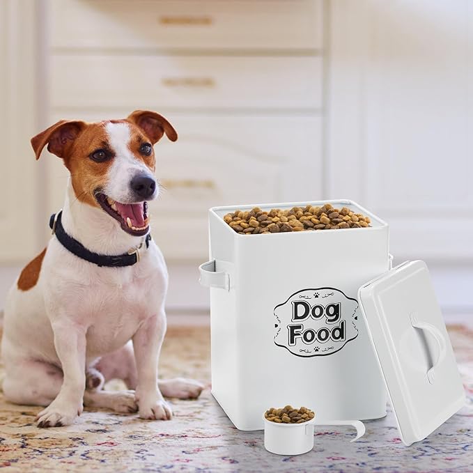 Youeon 5 Lbs- 25 Cup Metal Dog Food Storage Container with Lid and Scoop, Airtight Dog Treat Container, Farmhouse Pet Food Storage Container, Cute Dog Food Canister, Gift for Dogs and Owners, White