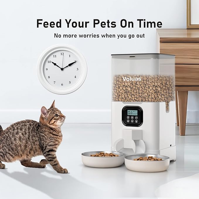 Voluas Automatic Cat Feeder for Two Cats, Double Pet Feeder with 2 Stainless Steel Bowls,6L Timed Cat Feeder with Memory Function, Pet Food Dish