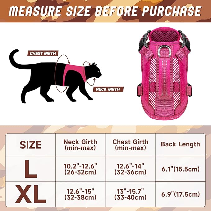 Tactical Cat Harness Leash, Air Mesh Cat Walking Vest Harness Escape Proof, Reflective Large Cat Harnesses with Handle for Adult Fat Cats (Pink, L)