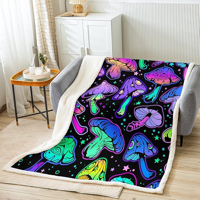 Neon Mushroom Travel Blanket Cute Kawaii Mushroom Fleece Blanket Psychedelic Galaxy Space Blanket Twin Size Rainbow Fungus Throw Blanket for Bed for Kids Boys Girls Room Magic Mushroom Decor