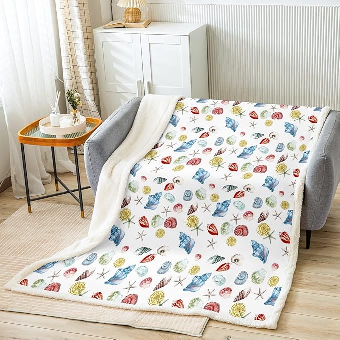 Seashell Fleece Blue Conch Blanket, Soft Colorful Starfish Plush Twin Size Ocean Theme Throw for Couch, Sofa, Kids, Boys, Girls, Coastal, Sea Animal Blanket