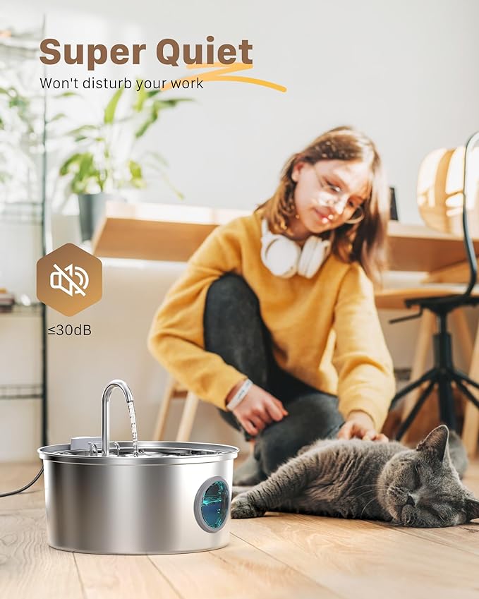 Cat Fountains for Drinking Stainless Steel: 108oz/3.2L Cat Water Fountain Led Light - Running Pet Water Fountain Filtered - GIOTOHUN Faucet Like Pet Water Fountains for Cats Indoor with 9 Filters