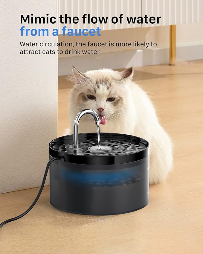 Cat Water Fountain for Cats Indoor: 67oz/2L GIOTOHUN Cat Fountains - Silent Pet Water Fountain for Drinking - Black Cat Drinking Fountain with Light - Faucet Pet Fountain with 6 Filters + 3 Sponges