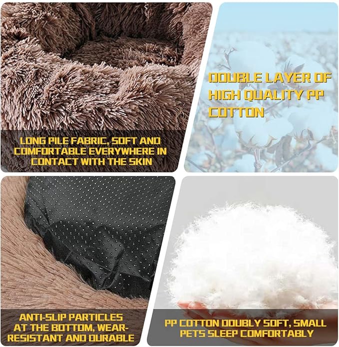 Dog Bed Calming Dog Beds for Small Medium Large Dogs - Round Donut Washable Dog Bed, Anti-Slip Faux Fur Fluffy Donut Cuddler Anxiety Cat Bed(28'' Khaki