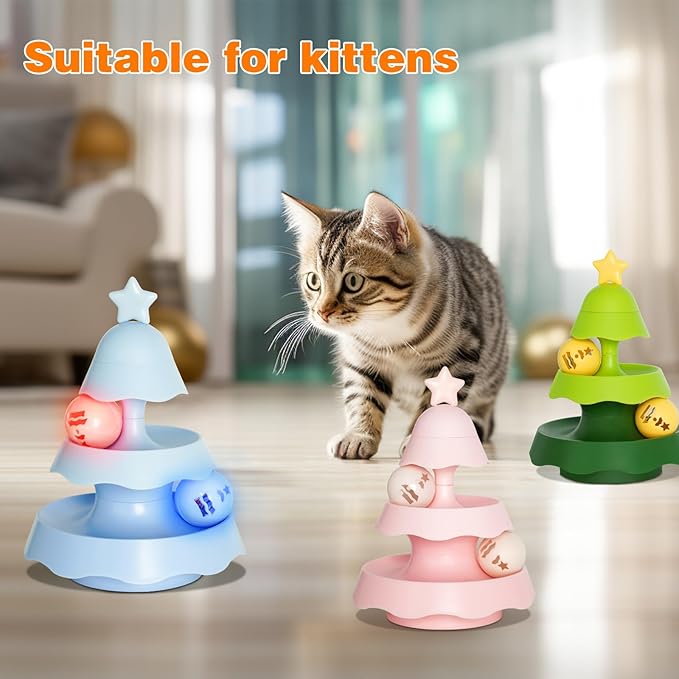 Interactive Cat Toys for Indoor Cats, Teeth Cleaning Dental Chew Catnip Toys, 3 Level Turntable with 3 Track Balls Chase Cat Toy for Kittens - Blue