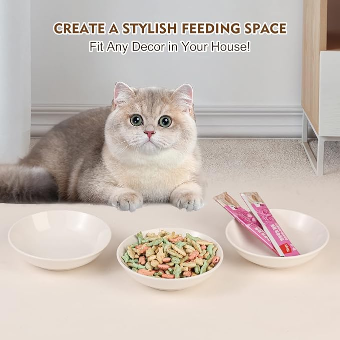 Ceramic Cat Food Bowl Set - Wide Shallow Cat Bowl for Whisker Fatigue Relief - Cute Cat Feeding Bowls - Flat Cat Dish - Cat Plates - Microwave and Dishwasher Safe - 6 Pack - 8.5 oz - 5.75 inch - White