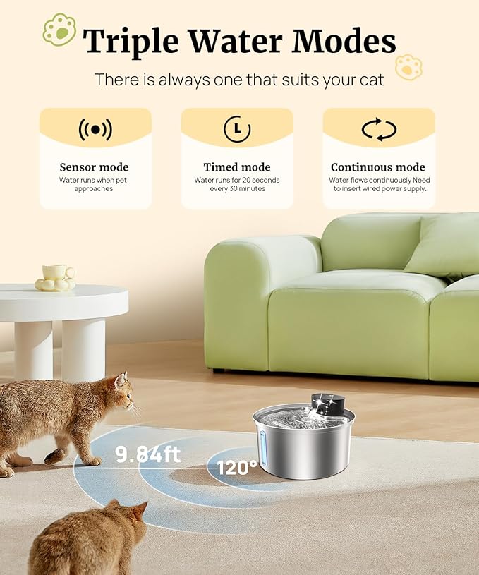 Wireless Cat Water Fountain Stainless Steel, 2025 Upgraded New Sensor - 3 Work Modes, 6000mAh Battery Operated Cat Water Fountain Cordless, Pet Water Dispenser for Cats Dogs Indoor - 108oz/3.2L