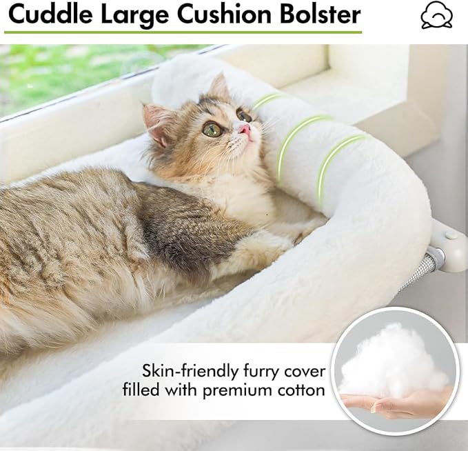 Cat Window Sill Perch with Large Bolster, Easy to Adjust & Assemble Cat Window Seat for Windowsill & Bedside, Cat Hammock Bed for Large Cats and Kittens (White, M)