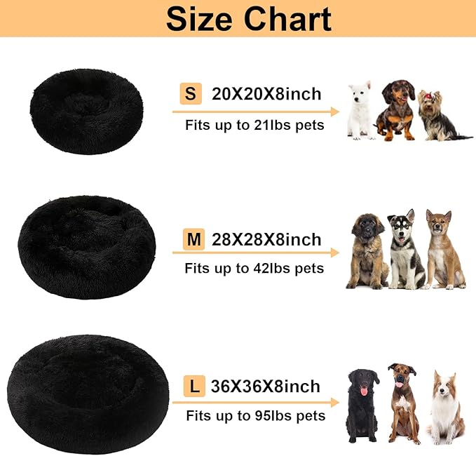 Dog Bed Calming Dog Beds for Small Medium Large Dogs - Round Donut Washable Puppy Dog Bed, Anti-Slip Faux Fur Fluffy Donut Cuddle Anxiety Cat Pet Bed(20'' Black)